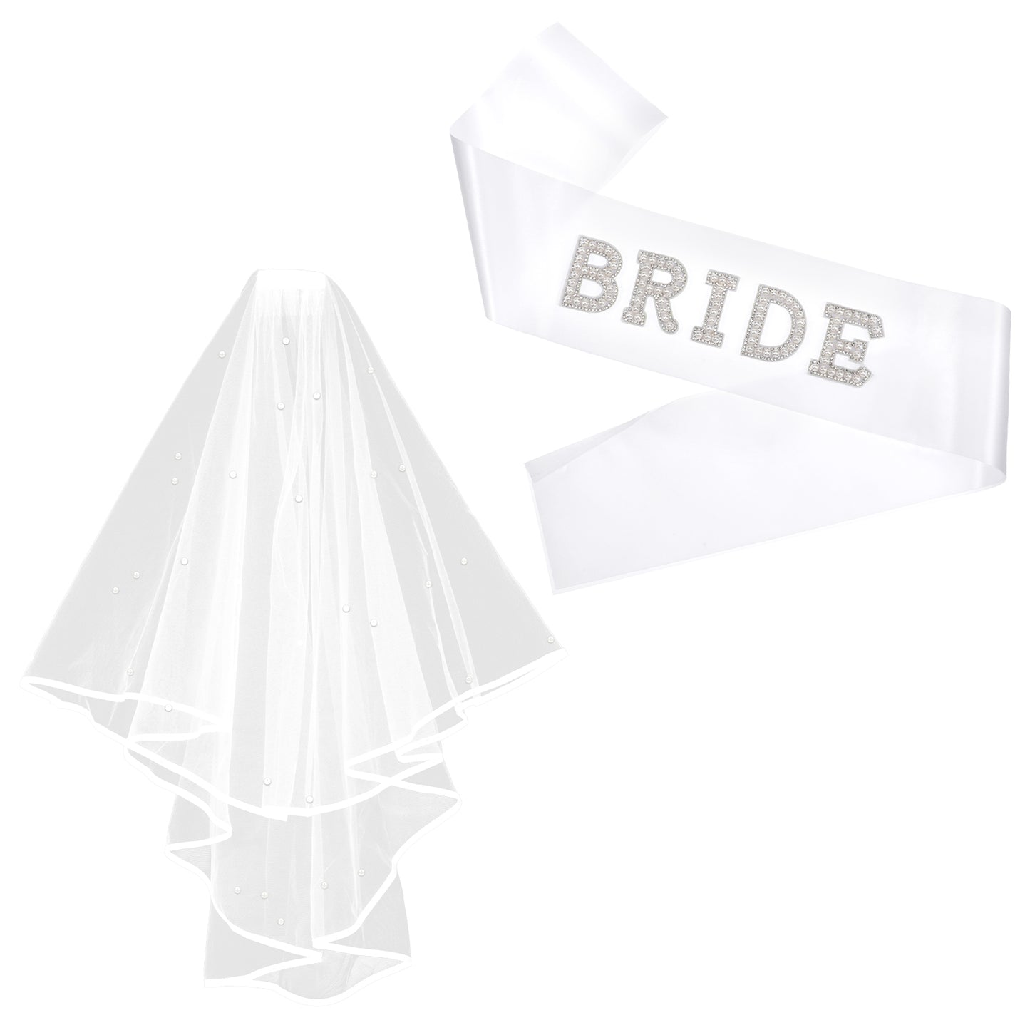 Bride Veil and Sash Set, Pearls White Veil, Pearl Satin Sash, for Wedding, Engagement Supply, Bachelorette Party, Bridal Shower Gifts