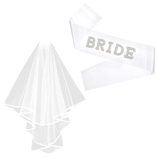 Bride Veil and Sash Set, Pearls White Veil, Pearl Satin Sash, for Wedding, Engagement Supply, Bachelorette Party, Bridal Shower Gifts