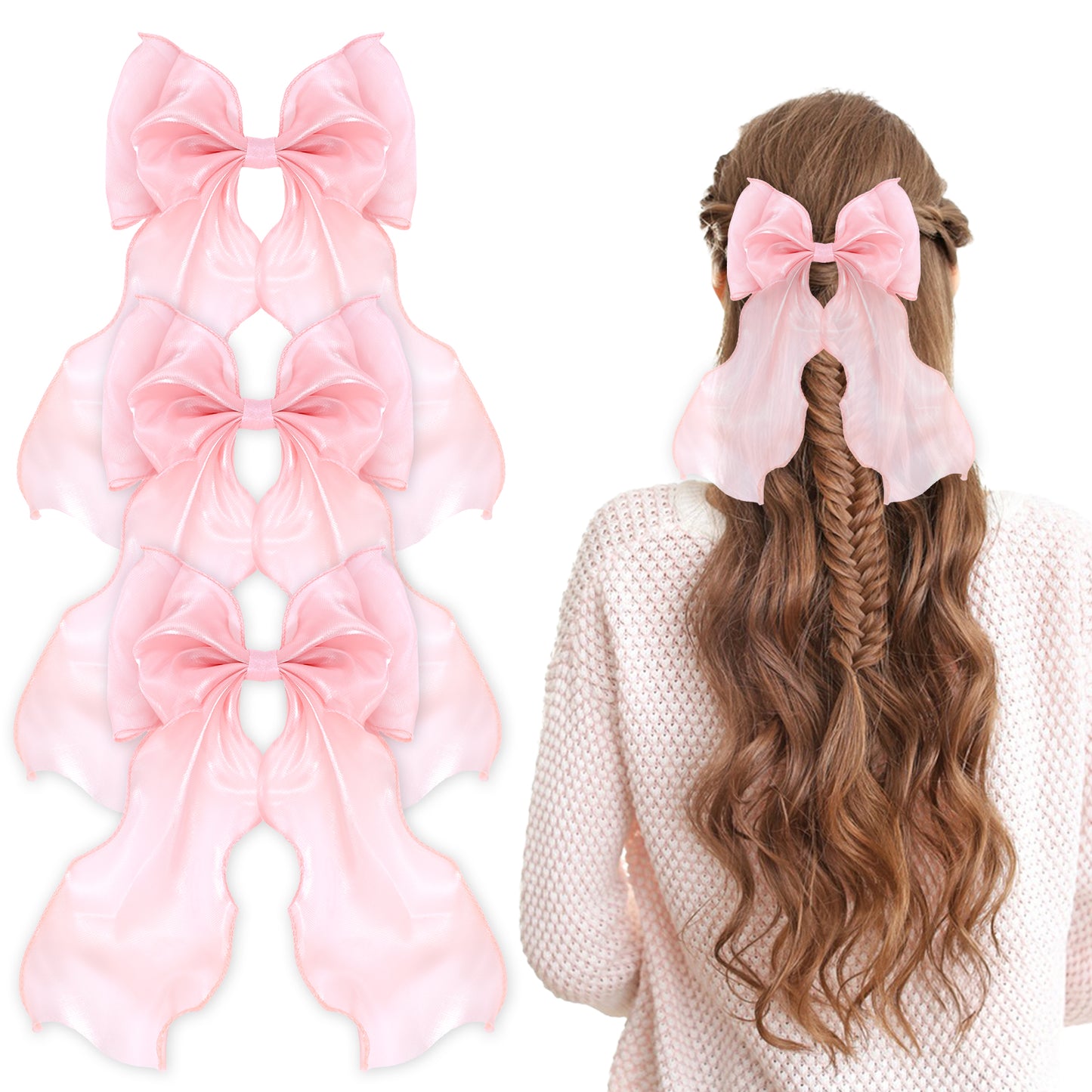 Luxury Silk Pink Hair Bow Clips for Women - Elegant Long Tail Ribbon Barrette | Wedding Hair Accessories, Bridal Shower, Parties, Festivals (3 Pcs)