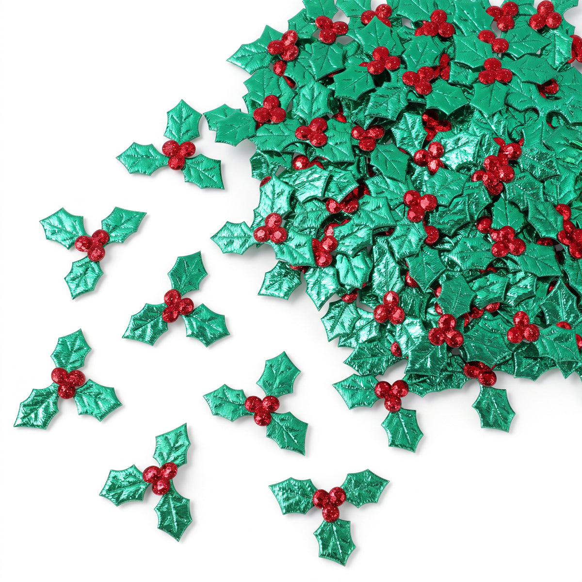 100Pcs Triple Leaf Holly Berries, Sequins Fabric Christmas Embellishments