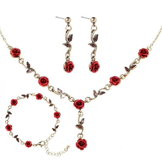 Red Rose Jewelry Set Exquisite Rose Flower Pendant Necklace, Bracelet Dangle Earrings Jewelry Sets for Women Wedding (Bronze)