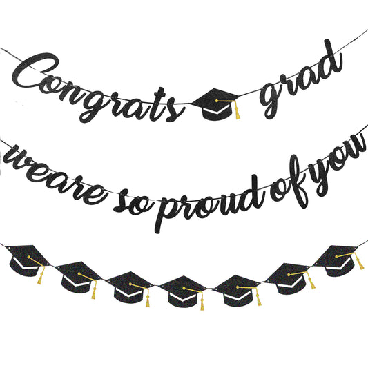 Grad Party Decorations, 2.5m Graduation Banner, We are So Proud of You Banner, Black Glitter Grad Cap Decorations, for Use in Middle School, High School, University Graduation