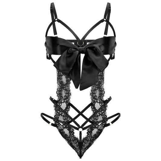Telooco Women's Sexy Lingerie for Women Lace Bodysuit with Bow Tie Cutout Design One Piece Lingerie Sets for Women Sexy, Black, Black, One Size