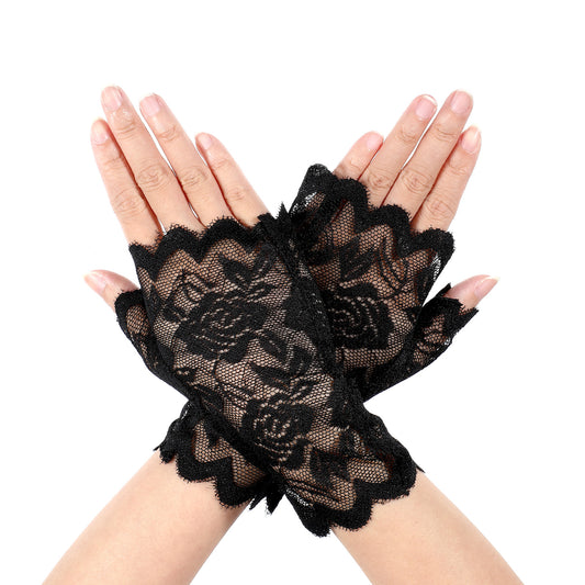 Yolev Lace Fingerless Gloves Elegant Short Lace Gloves for Tea Party Bridal Prom Wedding Dinner Party Funeral Cosplay Halloween(Black)