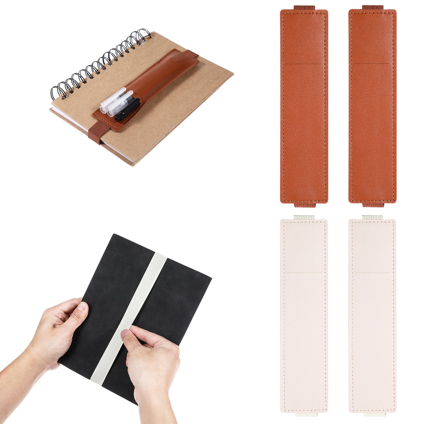 Lusofie 4Pcs Elastic Pen Holder for Notebook, Adjustable Notebook Pen Holder, PU Leather Pens Sleeve Pouch, Detachable Pencil HoldersPouch for Bible, Planners, Binders and Books (Brown, Beige)