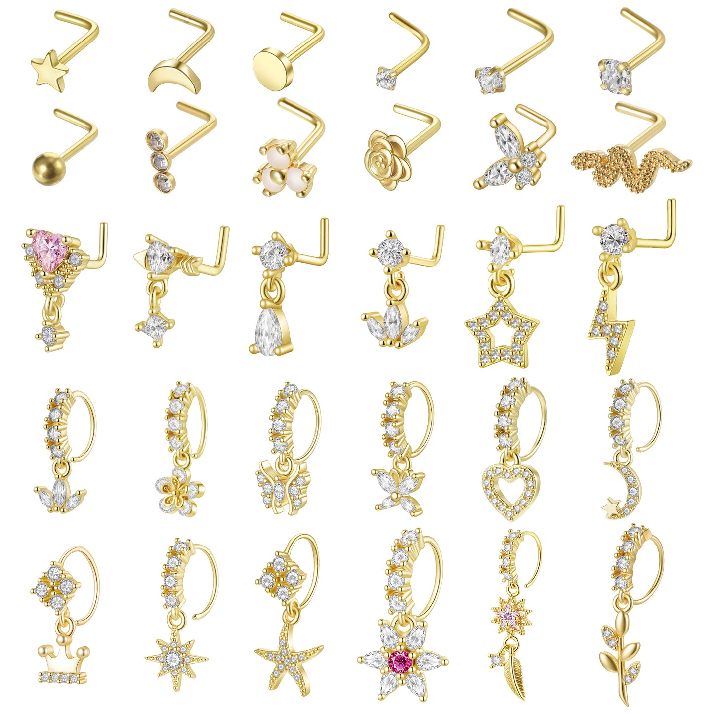 Telooco 30Pcs 20G Dangle Nose Ring, L Shaped Dangling Nose Stud with CZ Flower Leaf Heart Butterfly Dainty Dangle Nose Piercing Jewelry for Women (Gold)