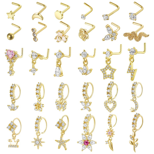 Telooco 30Pcs 20G Dangle Nose Ring, L Shaped Dangling Nose Stud with CZ Flower Leaf Heart Butterfly Dainty Dangle Nose Piercing Jewelry for Women (Gold)