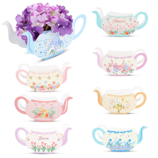 HekouJiub 8Pcs Floral Teapot Centerpieces Paper Tea Party Flower Boxes Centerpiece Multicolor Princess Tea Party Decorations for Floral Tea Themed Birthday Party Baby Shower Wedding
