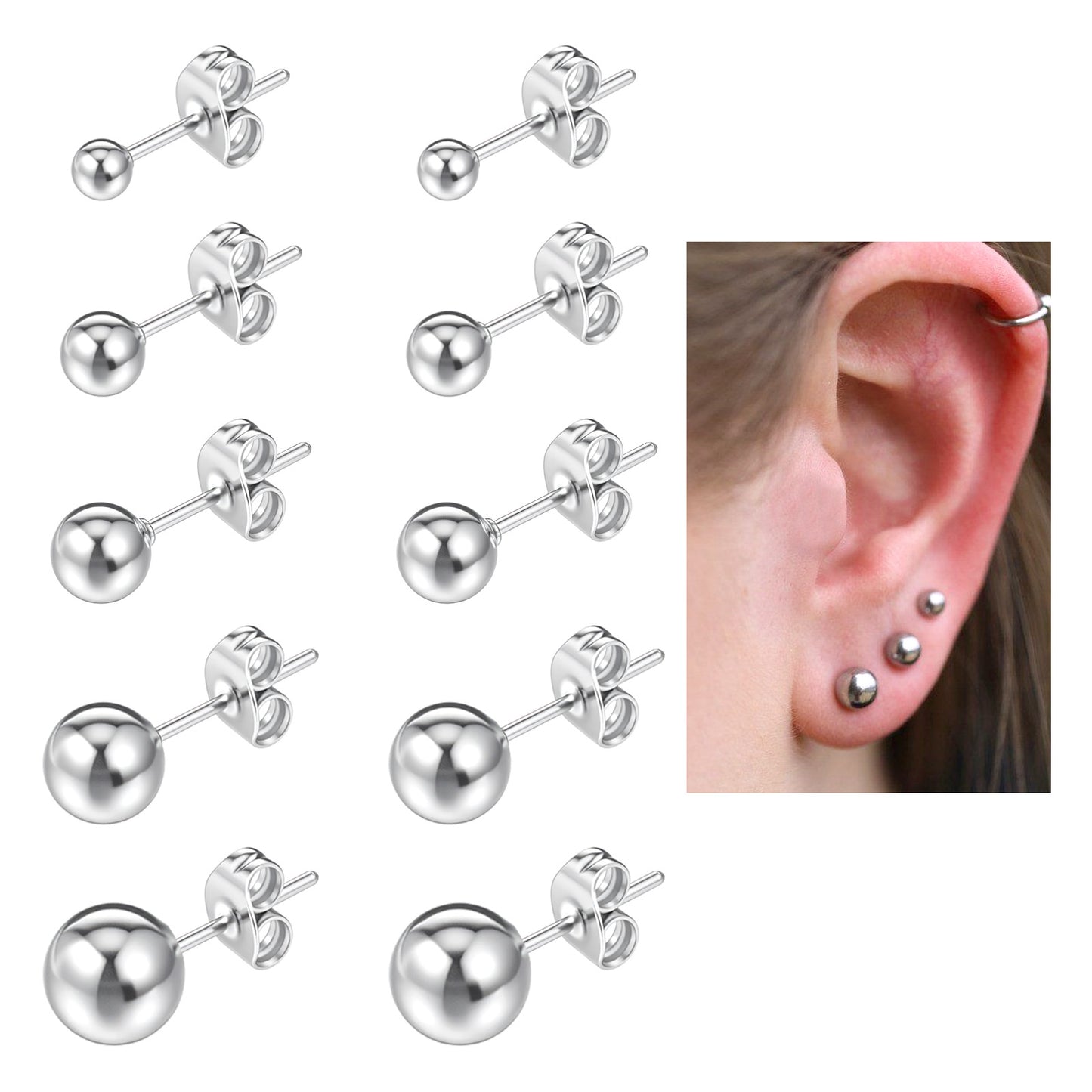 10 Pairs 316L Silver Ball Earrings for Women & Men 3-7mm Silver Earrings Studs Surgical Steel Tiny Stud Round Ball Earring for Multiple Piercings