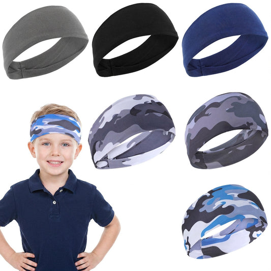 6Pcs Sports Headbands for Boys - Athletic Sweatbands for Kids Soccer Sports Breathable Elastic Kids Headband (Black, Grey)