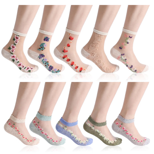HekouJiub 10 Pairs Sheer Floral Socks for Women - Transparent Flower Pattern Ankle Socks, Breathable Embroidered Mesh Stockings for Women