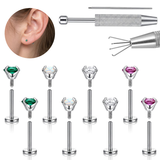 Gemoioio 18G Flat Back Stud Earrings Set – Surgical Steel Internal Thread Nose Studs for Ear Cartilage Piercing, Piercing Jewelry for Women Men, Includes Ball Grabber Tool – Silver