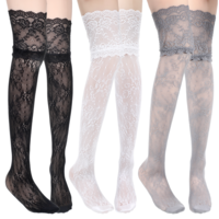 Josojoou 3 Pairs Women's Lace Socks, Lace Knee High Socks with Trim, Kawaii Lolita Stocking Hollowing Out Long over Knee Stocking for Women, Black White Gray