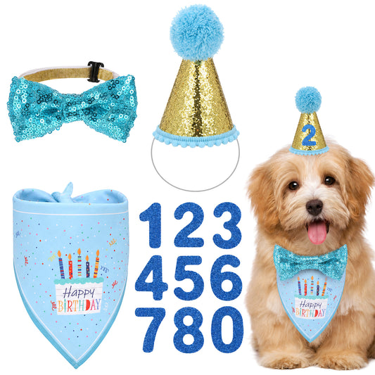 Dog Birthday Bandana Hat, Boy Dog Party Happy Birthdays Numbers Hat Bow Tie for Pet Puppy Cat Birthdays Party Decorations, Pet Costumes Headwear Accessories