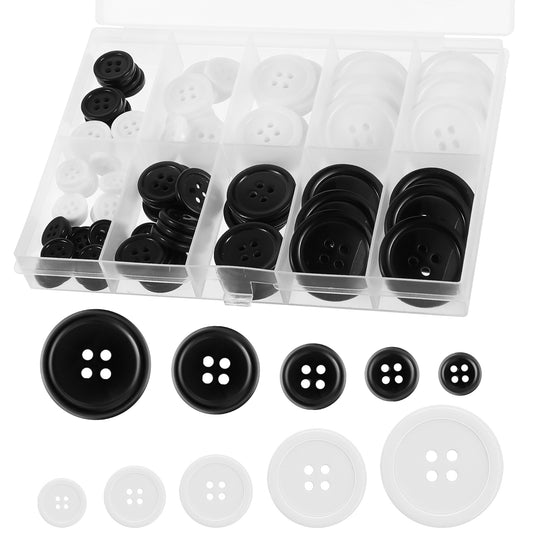 Lusofie 100Pcs Round Resin Buttons for Sewing 4-Hole Black White Buttons Mixed Buttons for Crafts Suit Coat Shirt DIY with Compartment Storage Box(5 Sizes