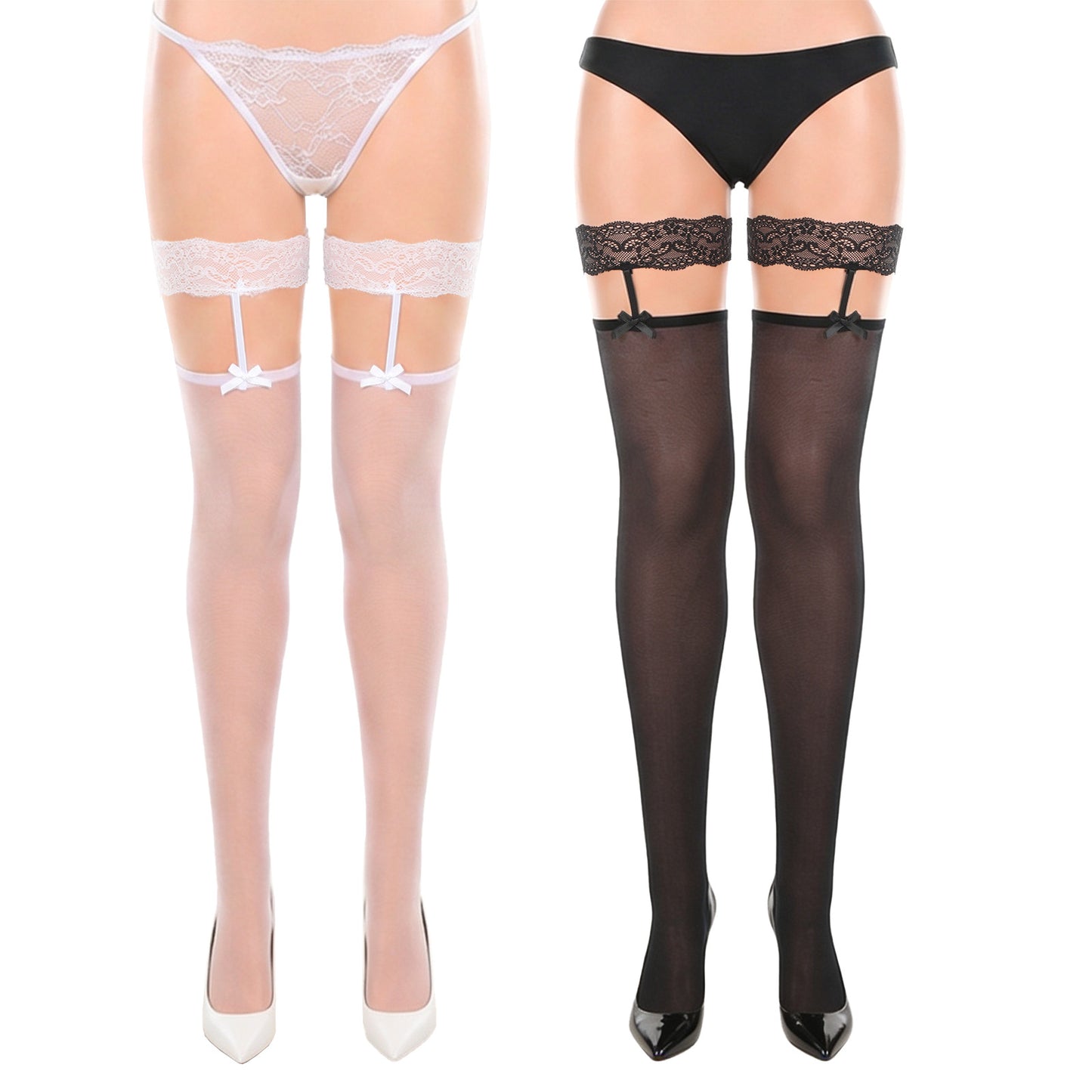 Yykazqe Black White Thigh High Stockings - Lace Top Thigh High Stockings Lingerie for Women,Sexy Bow Suspenders Pantyhose