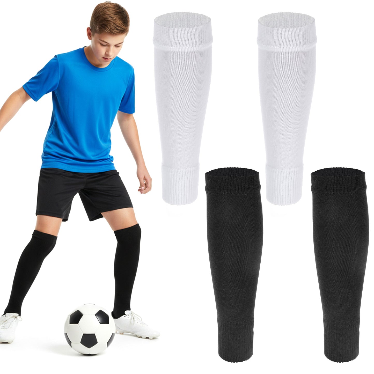 2 Pairs Pre Cut Soccer Socks, Kids Soccer Sleeve Socks, Soccers Shin Guard Sleeves, for Youth Football Training (Black, White)