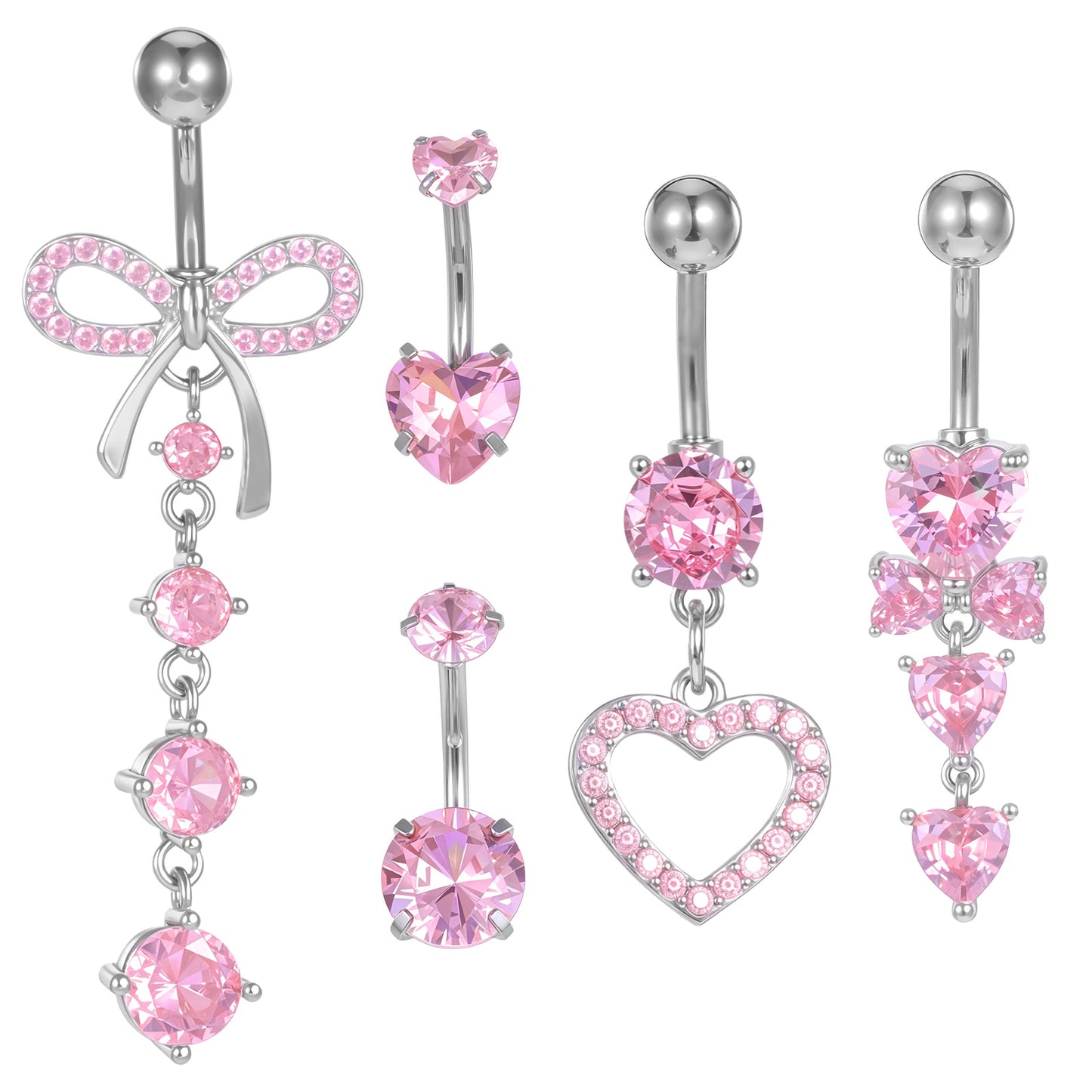 DIVINA VITAE 5PCS Belly Button Ring 14G Surgical Stainless Steel Belly Rings Dangling Belly Piercing Jewelry with Heart Bow Elements for Women