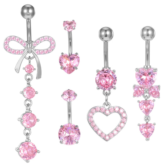 DIVINA VITAE 5PCS Belly Button Ring 14G Surgical Stainless Steel Belly Rings Dangling Belly Piercing Jewelry with Heart Bow Elements for Women