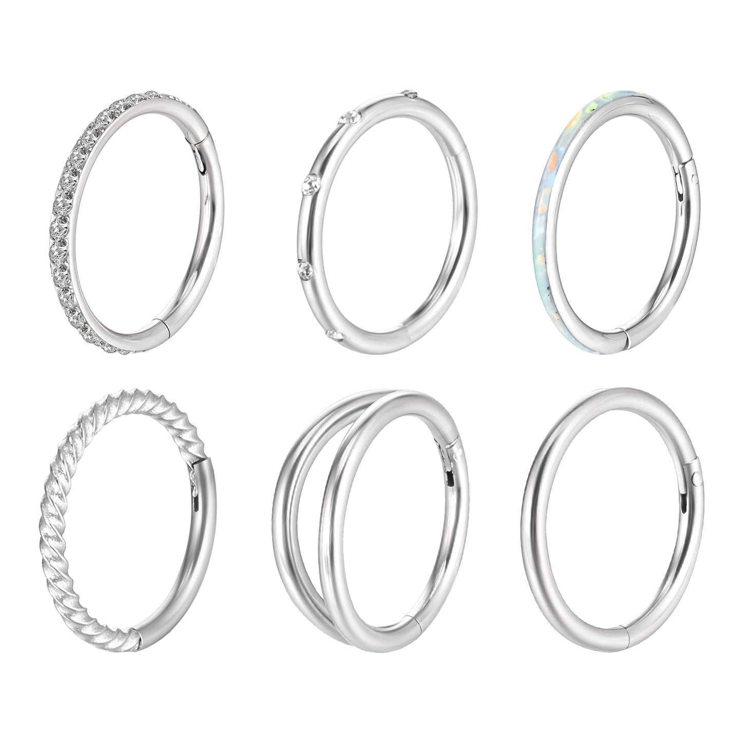 Yolev 6 Pcs Nose Rings Hoops Silver Double Hoop Nose 18g Surgical Steel Cz Septum Rings Clicker Hinged Segment Lip Helix Cartilage Conch Daith Earrings Body Piercing Jewelry For Women Men 8mm