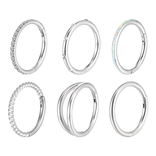 Yolev 6 Pcs Nose Rings Hoops Silver Double Hoop Nose 18g Surgical Steel Cz Septum Rings Clicker Hinged Segment Lip Helix Cartilage Conch Daith Earrings Body Piercing Jewelry For Women Men 8mm