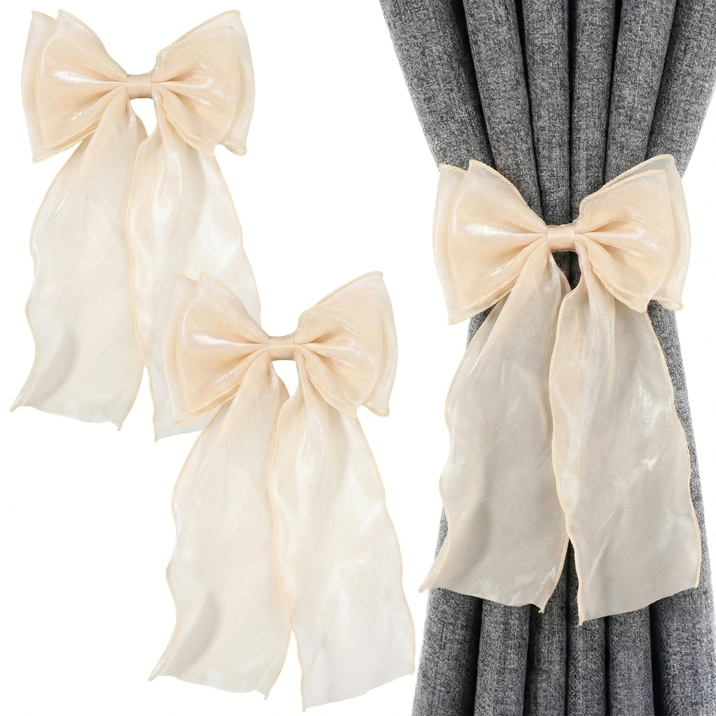 2 Pack Bow Room Decor Beige Room Decor French Silk Bow Curtains Tiebacks Elegant Decorative Curtain Strap for Home Bedroom Offices Dining Rooms Wedding Party Décor (Beige)