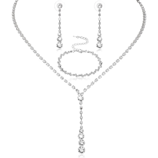 Telooco Bridal Jewelry Set Silver Rhinestone Necklace Bracelet Earrings