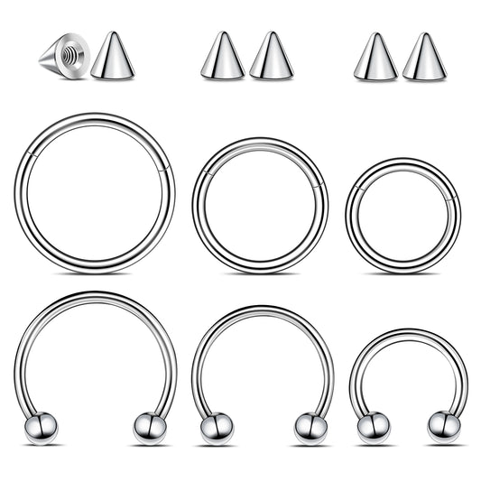 Yolev 12pcs Horseshoe Rings Septum Rings 16g Septum Nose Ring Hoops Surgical Steel Piercing Jewelry 8mm/10mm/12mm Hinged Clicker Segment Ring Lip Eyebrow Daith Helix Cartilage Earrings Sliver