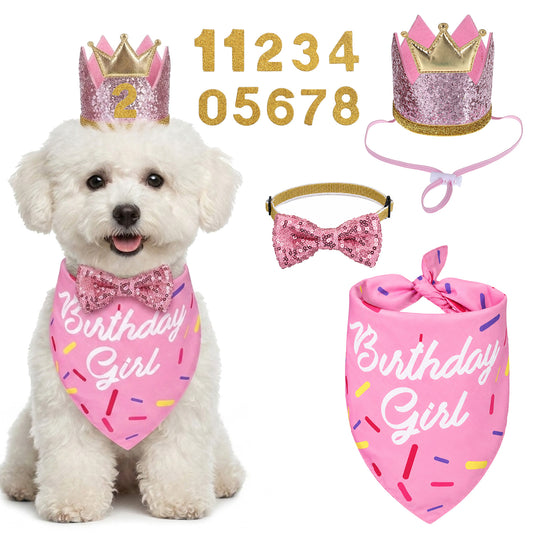 Dog Birthday Party Supplies, Pink Dog Crown Hat with Numbers, Bandana Scarf, Bow Tie Set for Small Medium Dogs, Adjustable Dogs Birthday Outfit for Small Pets