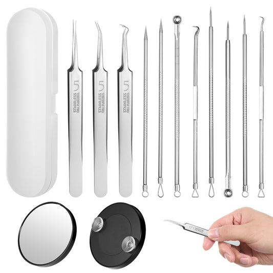 Stainless Steel Blackhead Remover Tools, 11Pcs Pimple Popper Tool Kit with Metal Case, Pimple Extractor for Acne Whitehead Blemish, Pore Prep Tool