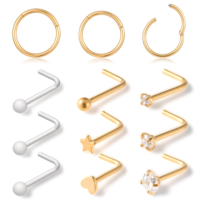 Josojoou 18G Nose Rings Hoop and 20G Nose Studs Sets for Women Men, 14K Gold Plated Nose Rings Hoop Helix Cartilage Hinged 316L Surgical Stainless Steel Clicker Segment Nose Piercing Jewelry