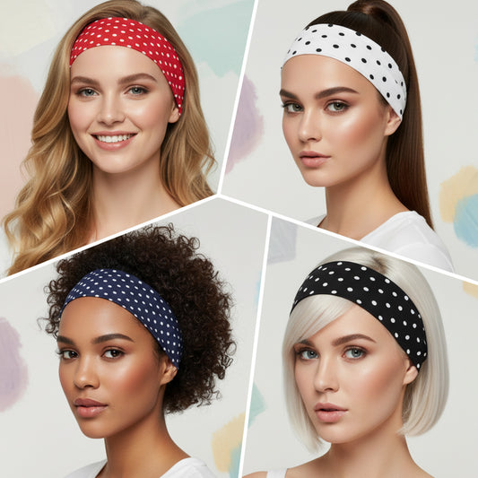 6PCS Polka Dot Headbands, Elastic Soft Headbands for Women, Wide Headband Polka Dot, for Running, Yoga, and Everyday Wear (Black, White, Red, Navy Blue）