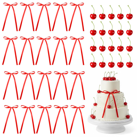 Cherry Birthday Decorations Set of 40 - Lifelike Fake Cherries & Red Bows for Wedding, Baby Shower, Birthday Party Cakes | Food Safe Non-Edible Toppers for DIY Dessert Decorating