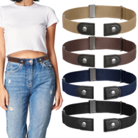 Tucnoeu 4pcs No Buckle Belt, Adjustable Elastic Belts for Women, Stretch Invisible Belts for Jeans, 4 Colors (Black, Brown, Navy, Beige)