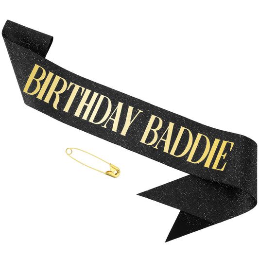 Birthday Baddie Sash for Women & Men, Black Glitter Sash with Gold Foil, Happy Funny Decorations Baddie Accessories Birthday Party Favors Supplies
