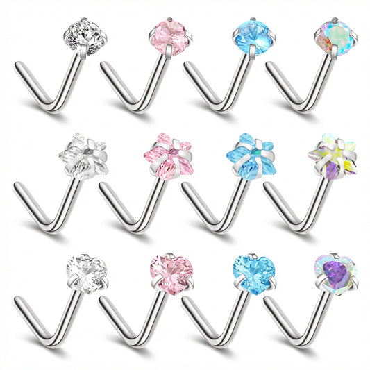 HaiFafafaing 12 Pcs Nose Rings, 20G Nose Studs, L Shape Noses Studs for Women, Colorful Diamond CZ Silver Stainless Steel Heart Start Piercing Jewelry