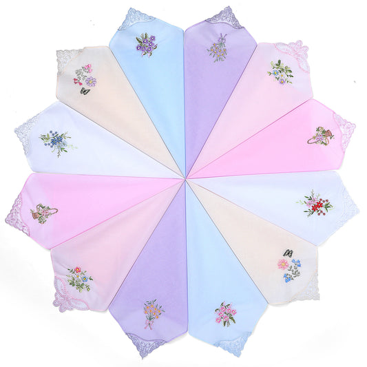 Lusofie 12pcs Ladies Handkerchiefs Soft Handkerchiefs Women Cotton Ladies Hankies Embroidery Ladies' Vintage Floral Lace Handkerchiefs for Wedding Party (6 Colors)