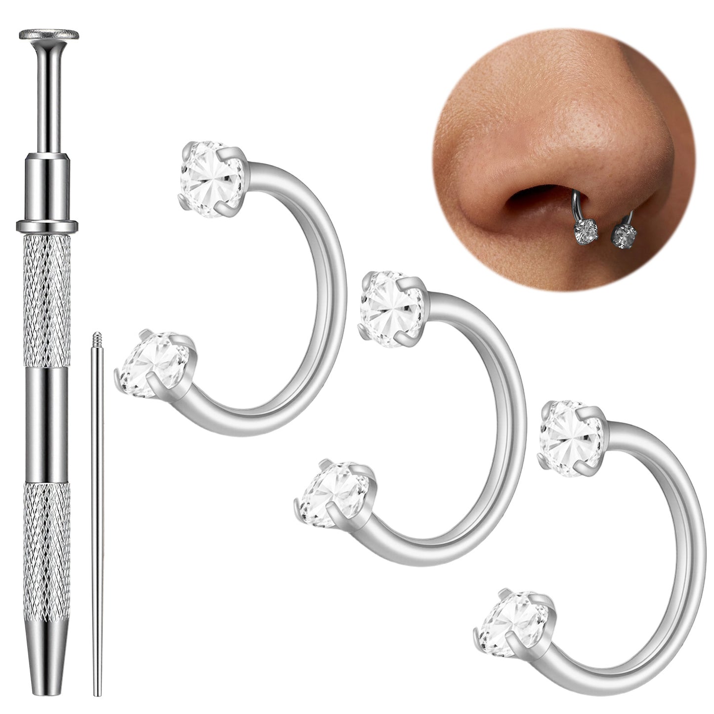 Tucnoeu 5pcs Silver Horseshoe Nose Rings 18 Gauge Nose Hoops for Women Surgical Steel U Shape Double Stud Horseshoe Earrings Helix Piercing Jewelry Septum Rings(silver)