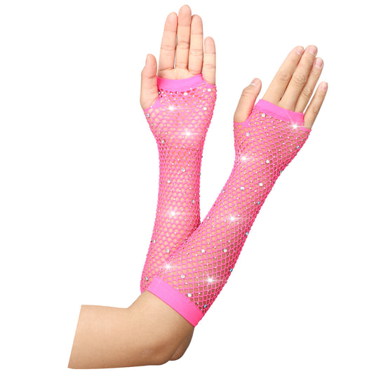 HaiFafafaing Fishnet Gloves Fingerless Mesh Gloves Long Rhinestone Neon Fingerless Fishnet Gloves Fish Net Arm Sleeves 80s Party Cosplay Costume Theme Halloween Accessories(Hot Pink)
