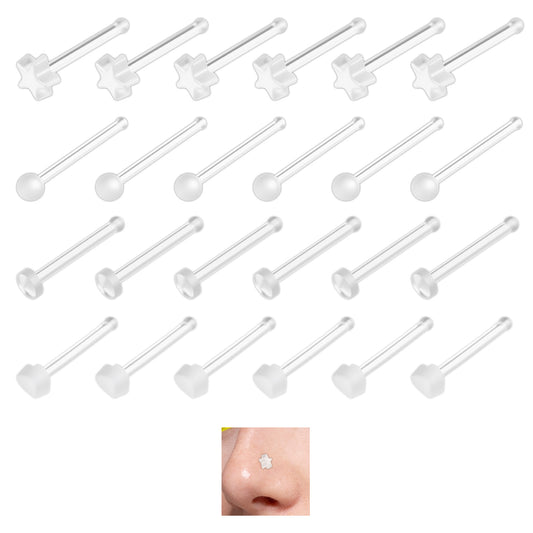 Tucnoeu 24pcs 18g Clear Nose Studs for Work, Clear Nose Piercing Retainer, Plastic Noses Rings for Surgery, Flexible Bioflex Noses Studs with Star and Heart Design