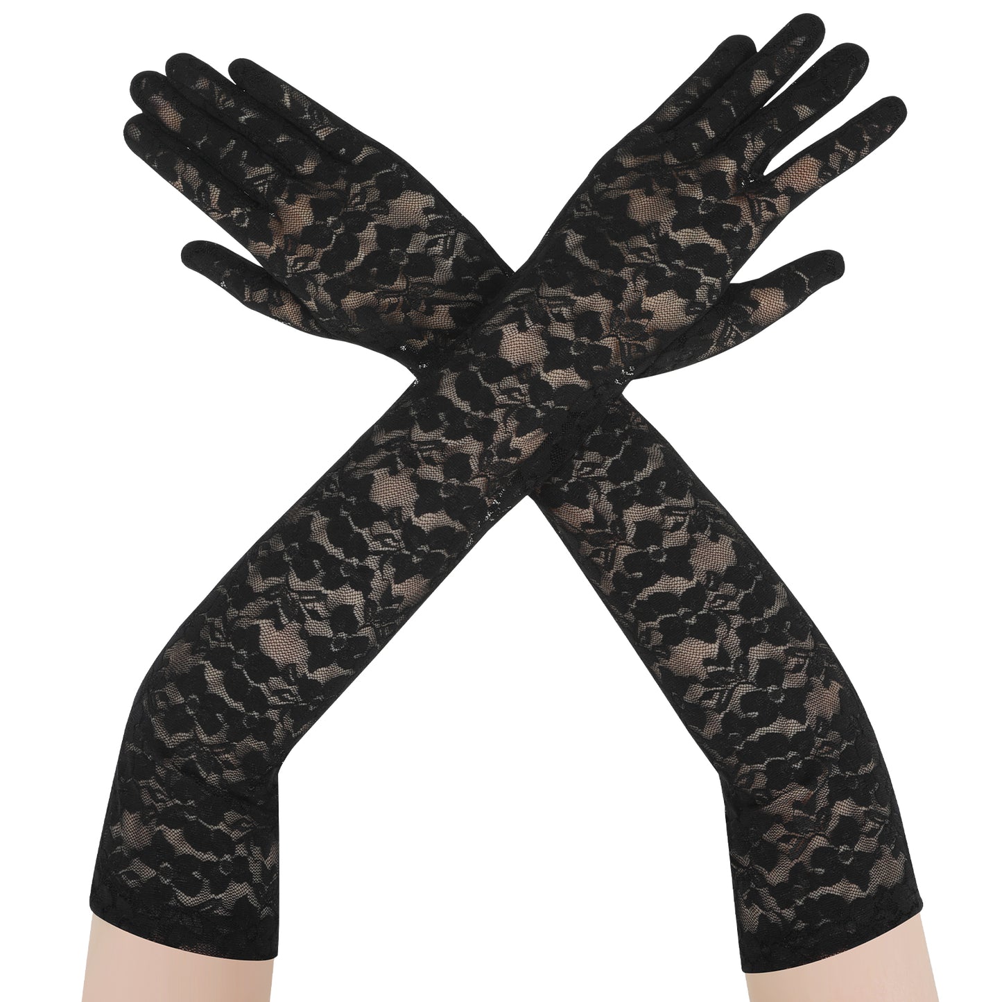 Lace Gloves Women Long Floral Lace Sheer Gloves Elegant Elbow Length Opera Mittens for Tea Party Bridal Wedding Masquerade (Black)