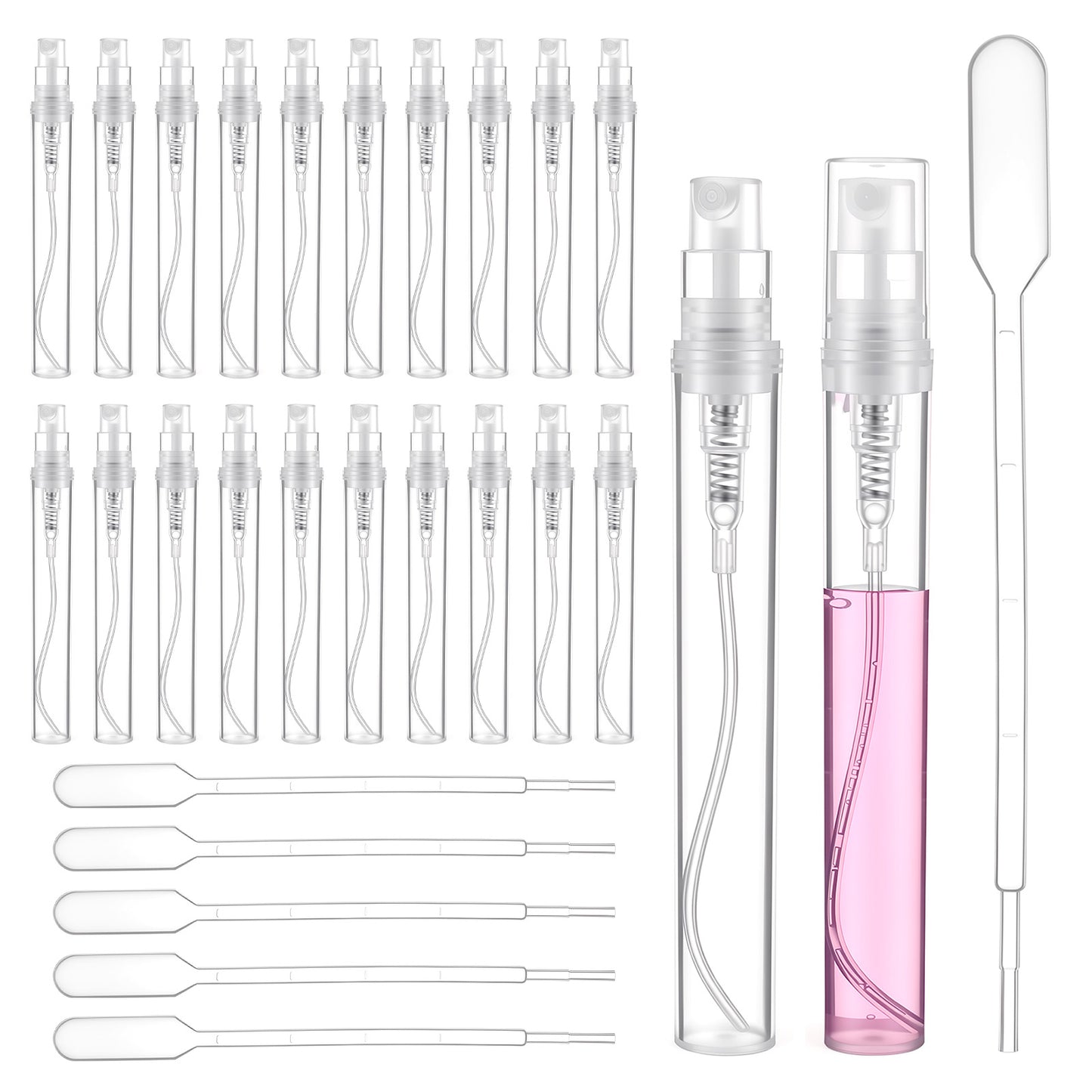 Mini Spray Bottle, 20pcs 5ml Empty Spray Bottles with 5pcs Transfer Pipettes, Perfume Fine Mist Spray Bottles Clear Travel Size Spray Bottle Small Spray Bottles, Plastic Portable Travel Bottle