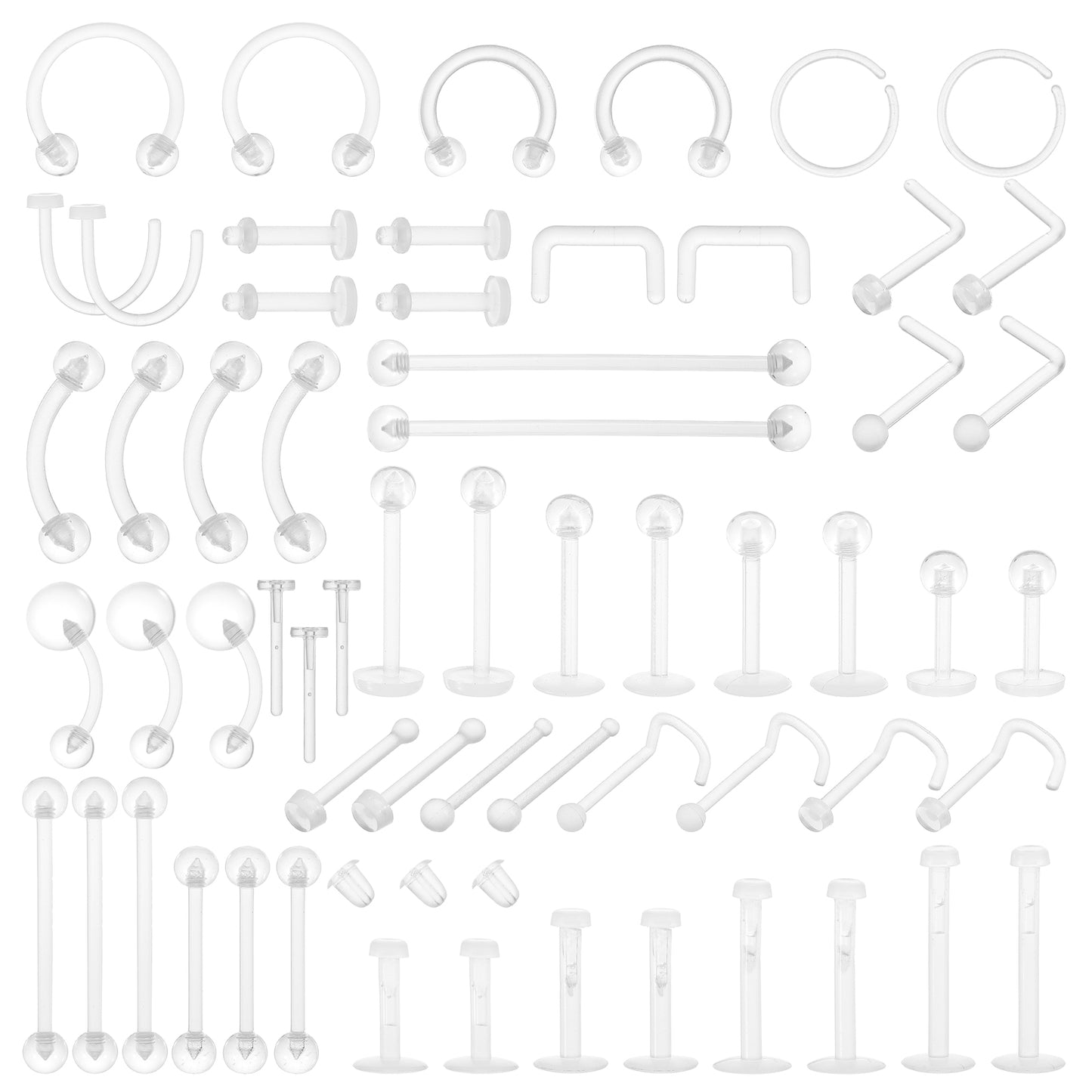 Neyauo 60Pcs Clear Acrylic Piercing Retainers, Bioflex Plastic Jewelry For Nose, Belly, Nipple, Tongue, Septum, Eyebrow, Lip, Cartilage, Tragus, Helix, Daith, Rook, Ear, Industrial Bar Rings
