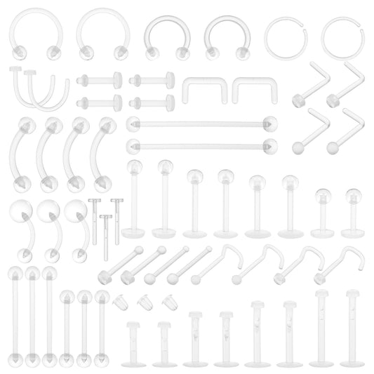 Neyauo 60Pcs Clear Acrylic Piercing Retainers, Bioflex Plastic Jewelry For Nose, Belly, Nipple, Tongue, Septum, Eyebrow, Lip, Cartilage, Tragus, Helix, Daith, Rook, Ear, Industrial Bar Rings