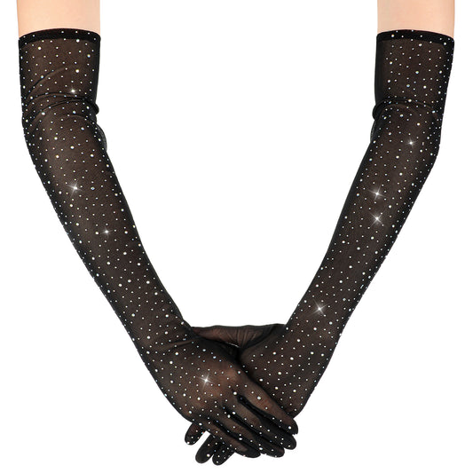 HekouJiub Long Black Gloves, Rhinestone Long Gloves, Shiny Chiffon Elbow Glove Women Formal for Weddings, Dances, Parties
