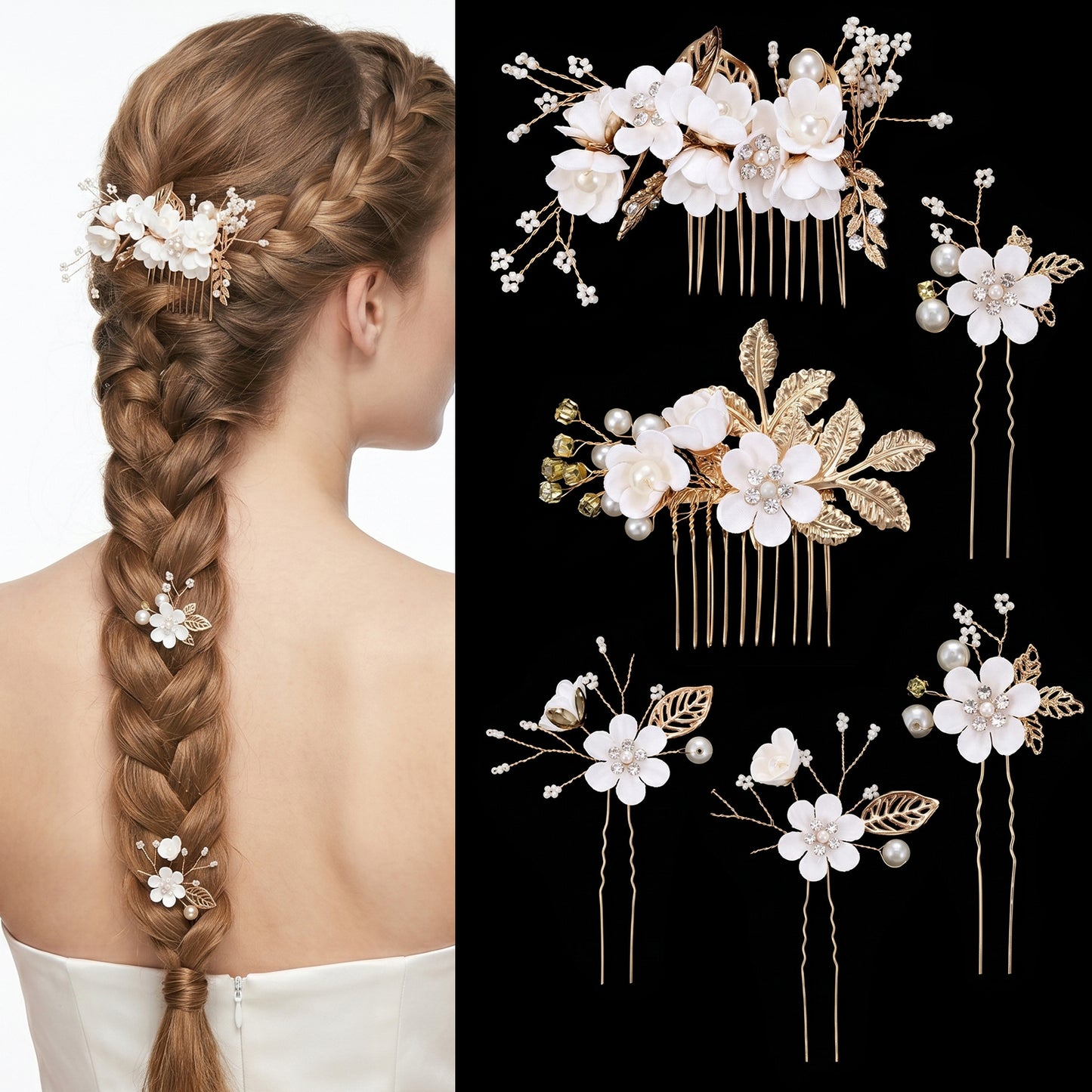 6Pcs Gold Leaf Bridal Hair Pins Rhinestone Pearl Flower Wedding Hair Pins Gold Hairs Accessories for Women