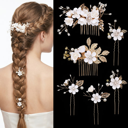 6Pcs Gold Leaf Bridal Hair Pins Rhinestone Pearl Flower Wedding Hair Pins Gold Hairs Accessories for Women