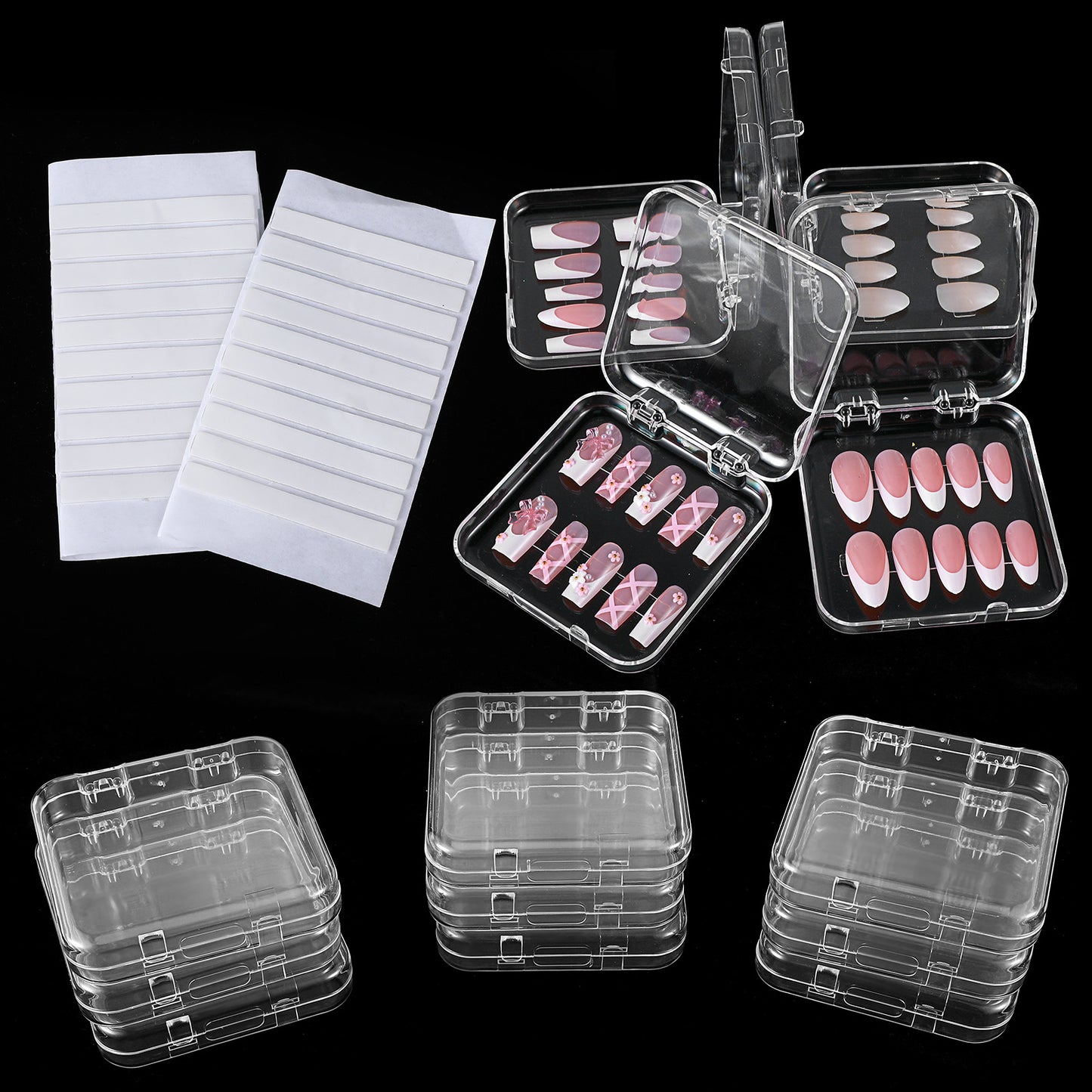 Telooco 9Pcs Press on Nail Case Clear Plastic Press on Nail Packaging Boxes Storage Box with 30 Pcs Adhesive Double Sided Tape for Fake Nails Display Storage Case Nails Salon Supplies