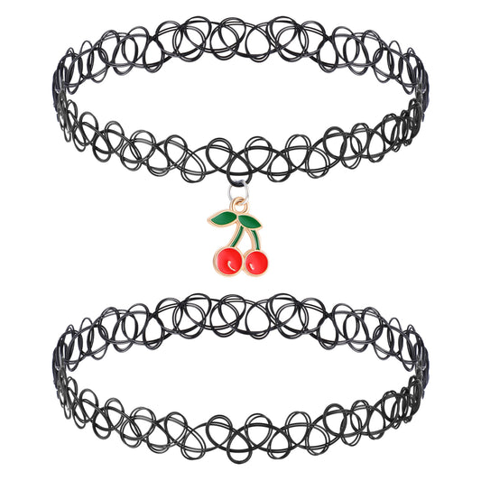 DIVINA VITAE 2 Pcs Black Tattoo Choker Necklace Set(Cherry)