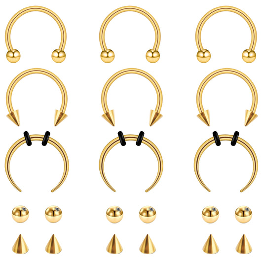 9 Pcs 16G Septum Rings10 mm Stainless Steel Nose Septum Horseshoe Earring Eyebrow Septum Lip Piercing Ring Balls & Spikes,Nose Rings Hoop with Ball Gold Septum Ring Jewelry for Women Men
